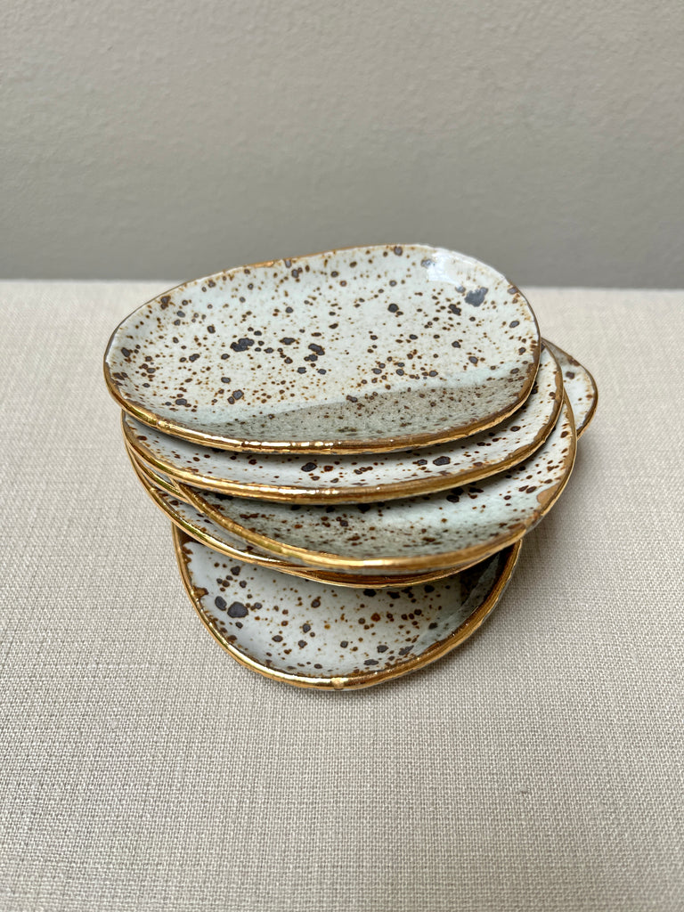 trinket dish w/gold luster - white iron – The Lazy Potters